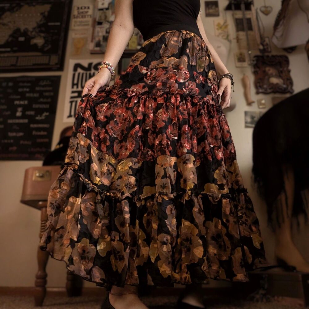 Velvet Floral Tiered Maxi Skirt Women's Medium/Large Black Gold